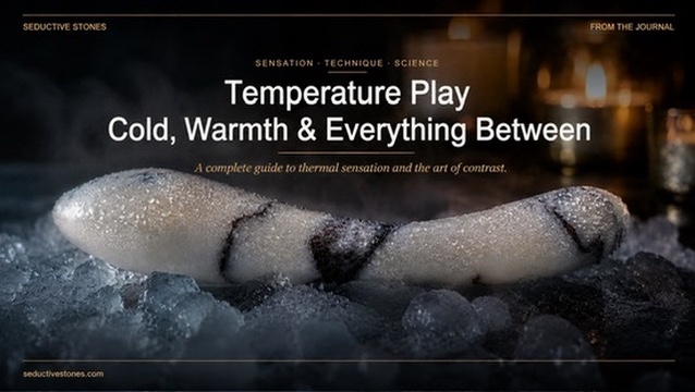 White Anatolian marble intimate object covered in condensation droplets resting on crushed ice, warm candlelight glowing in dark background