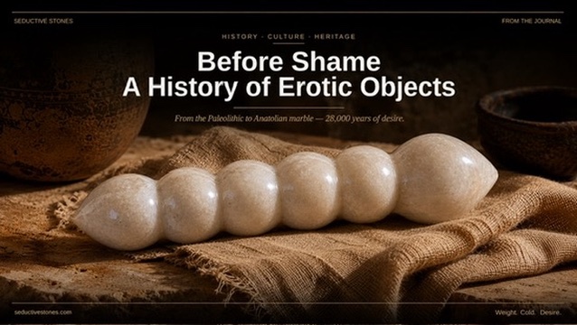 Ancient-style hand-carved natural stone intimate object resting on rough linen fabric with aged ceramic vessels, warm archaeological lighting