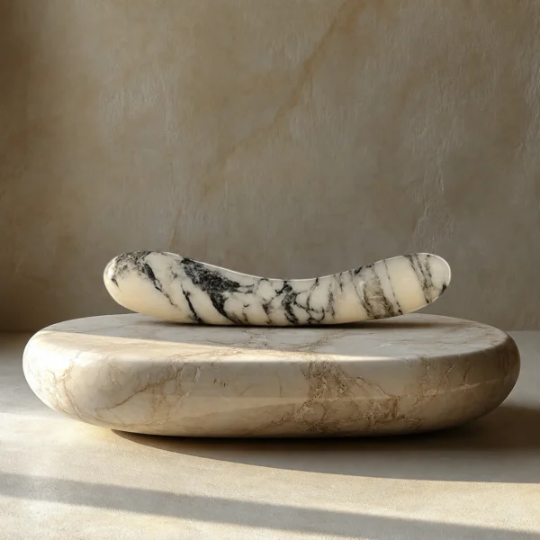 Cream Marble Curved Wand — hand-carved cream Anatolian marble with black banding | Seductive Stones Voluptus Collection